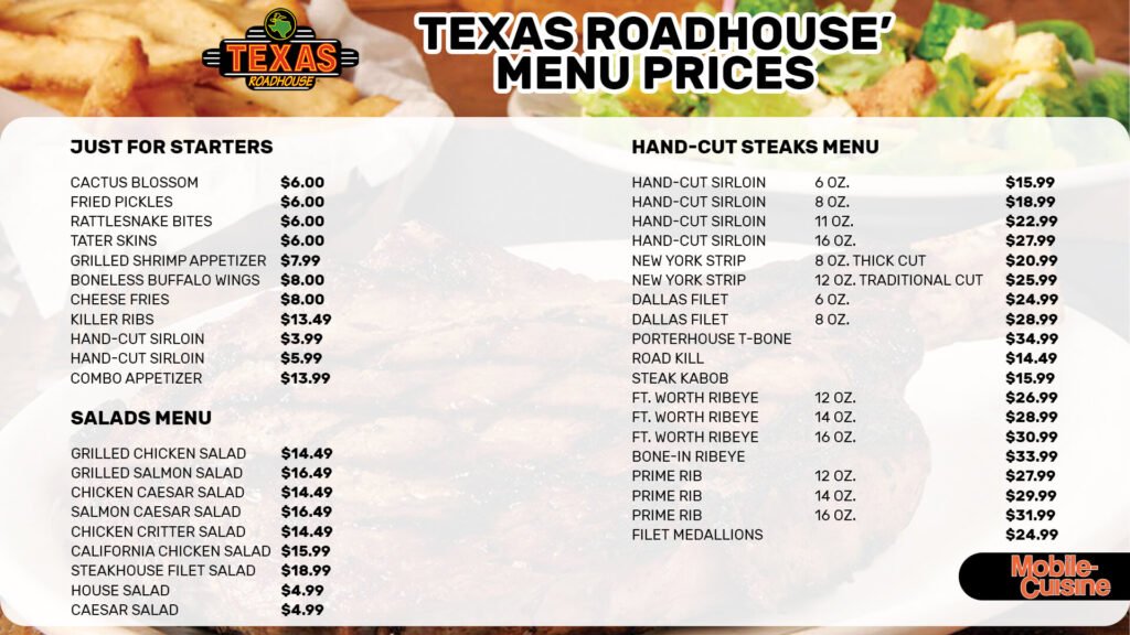 Texas Roadhouse Restaurant Menu With Prices 2024