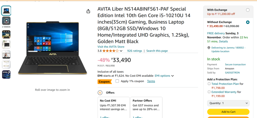 Amazon screenshot of avita laptop